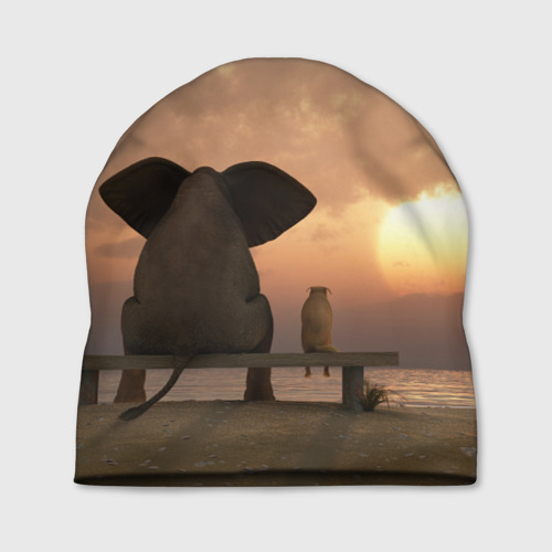 Шапка 3D Слон с собакой на лавке, закат