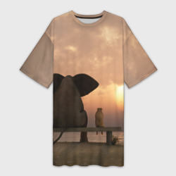 Платье-футболка 3D Слон с собакой на лавке, закат