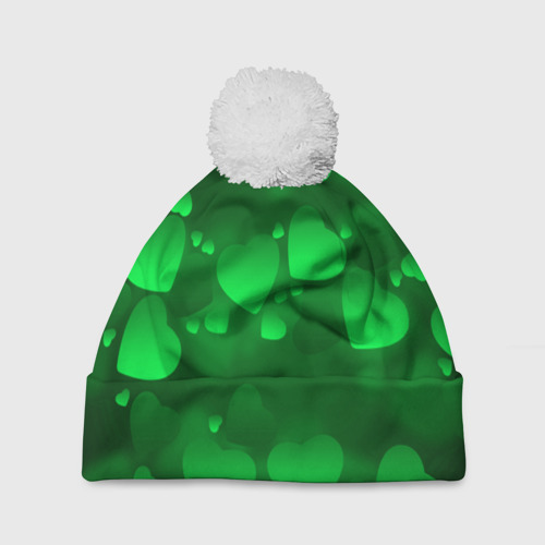Шапка 3D c помпоном Зеленые сердечки, цвет 3D печать