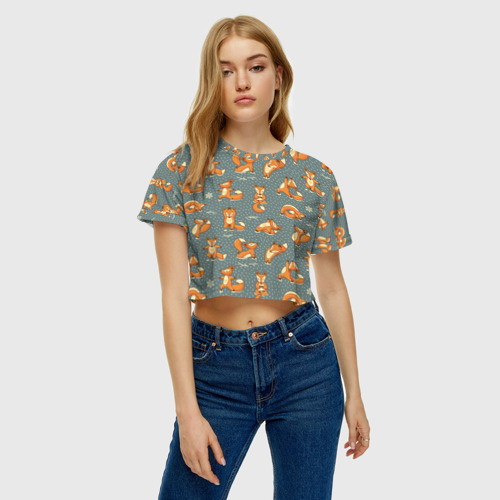 Женская футболка Crop-top 3D Foxes yoga, цвет 3D печать - фото 3