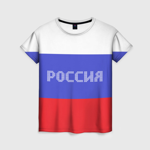 Женская футболка 3D с принтом Флаг России с надписью, вид спереди #2