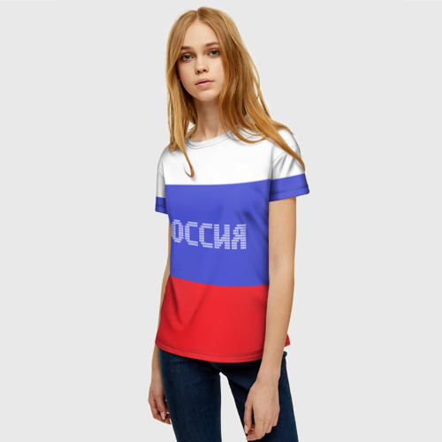 Женская футболка 3D с принтом Флаг России с надписью, фото на моделе #1