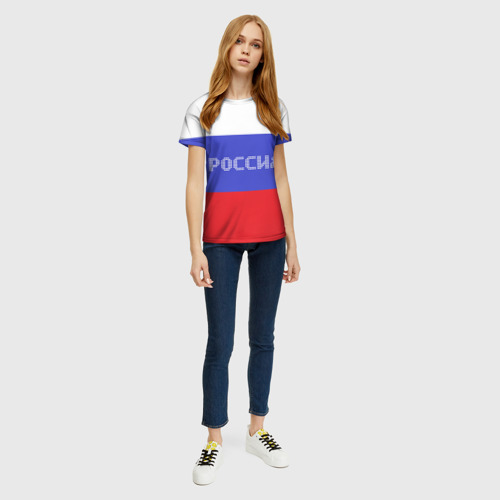 Женская футболка 3D с принтом Флаг России с надписью, вид сбоку #3