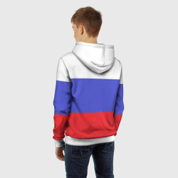 Толстовка с принтом Флаг России с надписью для ребенка, вид на модели сзади №3. Цвет основы: белый