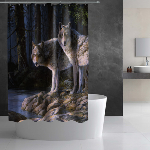Штора 3D для ванной Волки, картина маслом - фото 3
