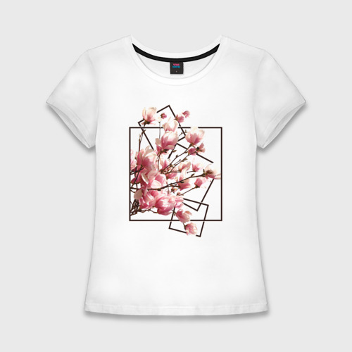 Женская приталенная футболка из хлопка с принтом Магнолия, вид спереди №1
