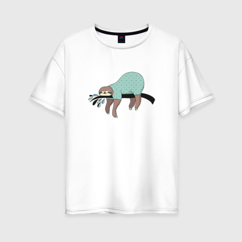 Женская футболка оверсайз из хлопка с принтом Ленивец спит, вид спереди №1
