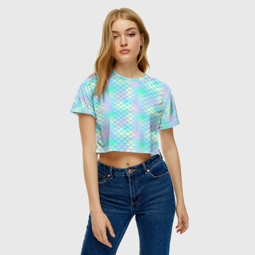 Женская футболка Crop-top 3D Голубая чешуя, цвет 3D печать - фото 4