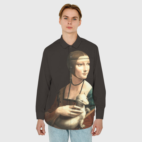 Мужская рубашка oversize 3D Дама с горностаем, цвет белый - фото 3