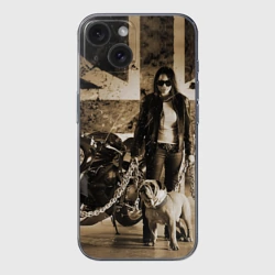 Чехол для iPhone 15 силиконовый с защитой камеры Девушка байкер и английский бульдог