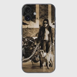 Чехол для iPhone 16 силиконовый с защитой камеры Девушка байкер и английский бульдог