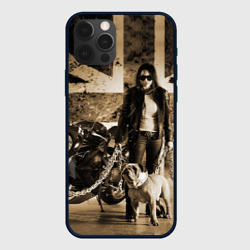 Чехол для iPhone 12 Pro Девушка байкер и английский бульдог