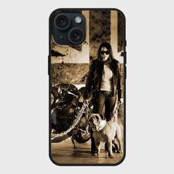 Чехол силиконовый для Apple iPhone 15 матовый Девушка байкер и английский бульдог