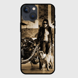 Чехол для iPhone 13 mini Девушка байкер и английский бульдог