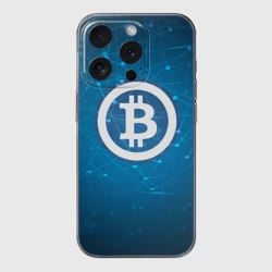 Чехол для iPhone 15 Pro силиконовый с защитой камеры Bitcoin Blue - Биткоин