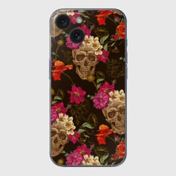 Чехол для iPhone 15 силиконовый с защитой камеры Черепа c цветами