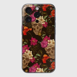 Чехол для iPhone 15 Pro силиконовый с защитой камеры Черепа c цветами