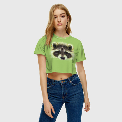 Женская футболка Crop-top 3D Енот, цвет 3D печать - фото 4