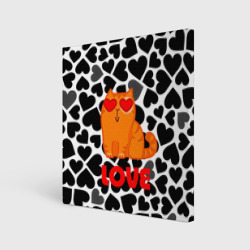 Холст квадратный Влюбленный рыжий котик с сердечками