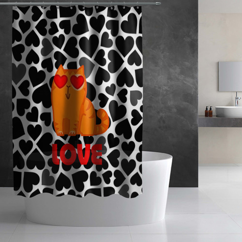 Штора 3D для ванной Влюбленный рыжий котик с сердечками - фото 2