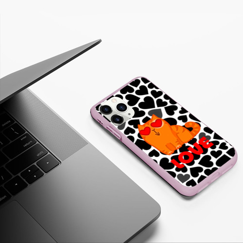 Чехол для iPhone 11 Pro матовый Влюбленный рыжий котик с сердечками, цвет розовый - фото 5