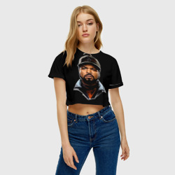 Топик (короткая футболка или блузка, не доходящая до середины живота) с принтом Ice Cube 1 для женщины, вид на модели спереди №2. Цвет основы: белый