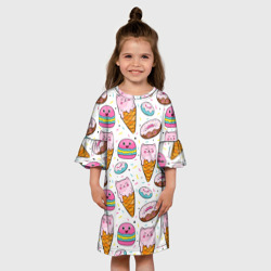 Платье с принтом Сладкие котики для ребенка, вид на модели спереди №3. Цвет основы: белый