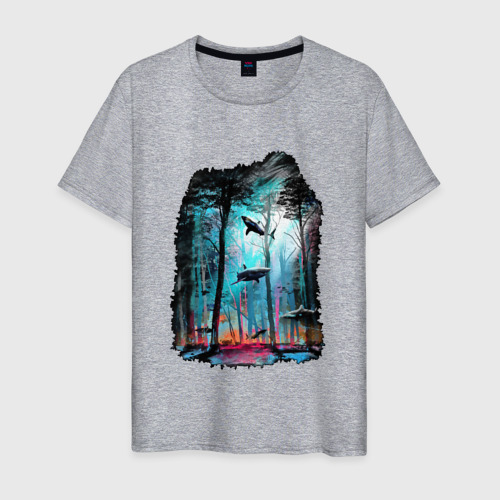 Мужская футболка хлопок Подводный мир лес с акулами, цвет меланж
