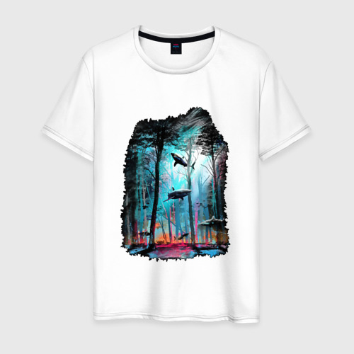 Мужская футболка из хлопка с принтом Подводный мир лес с акулами, вид спереди №1