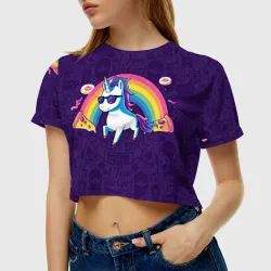 Женская футболка Crop-top 3D Радужный Единорог в Очках - фото 2