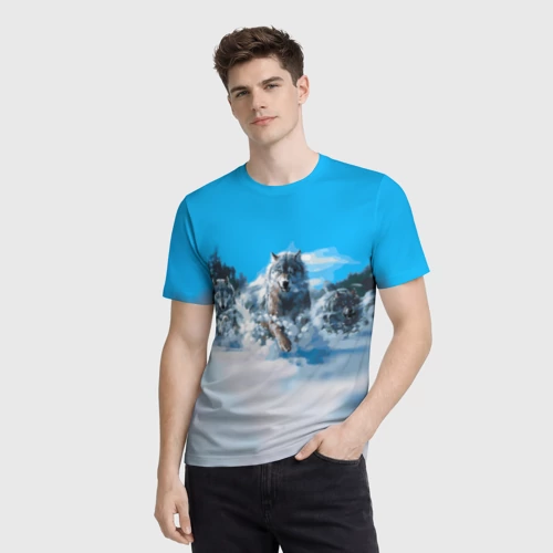 Мужская футболка 3D с принтом Волчья охота, фото на моделе #1