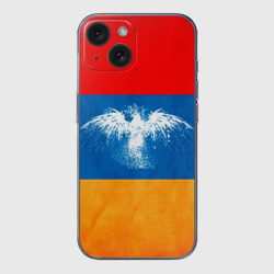 Чехол для iPhone 15 силиконовый с защитой камеры Флаг Армении с белым орлом