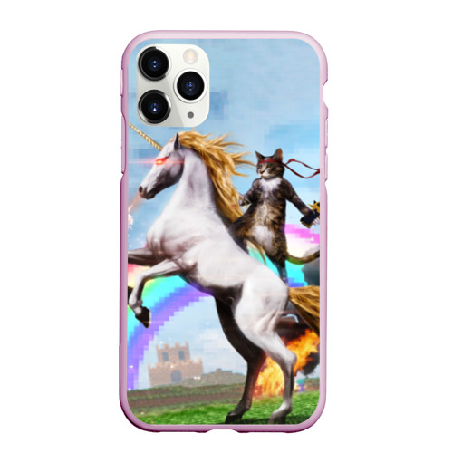 Чехол для iPhone 11 Pro Max матовый Кот на Единороге, цвет розовый