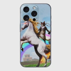 Чехол для iPhone 15 Pro силиконовый с защитой камеры Кот на Единороге