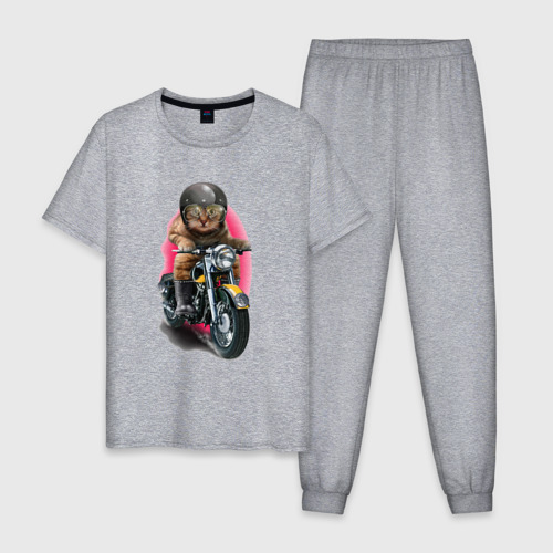 Мужская пижама хлопок с принтом Кот мотоциклист, вид спереди #2