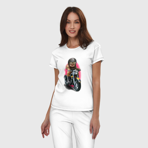 Женская пижама хлопок Кот мотоциклист, цвет белый - фото 3