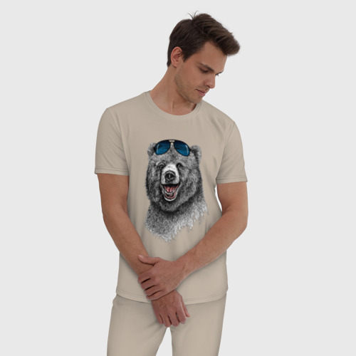 Мужская пижама хлопок Медведь в очках, цвет миндальный - фото 3
