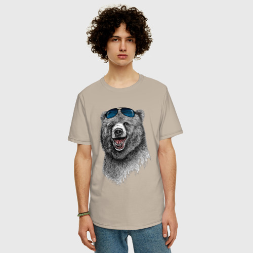 Мужская футболка хлопок Oversize Медведь в очках, цвет миндальный - фото 3