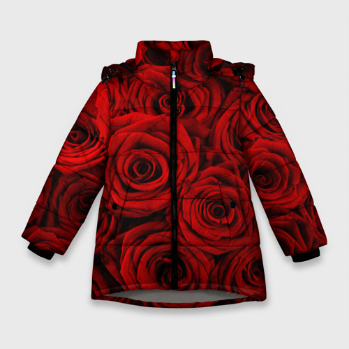Зимняя куртка для девочек 3D Красные розы, цвет светло-серый