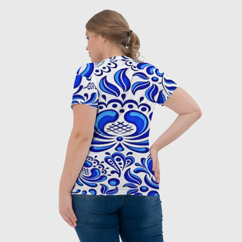 Женская футболка 3D с принтом Роспись гжель, вид сзади #2