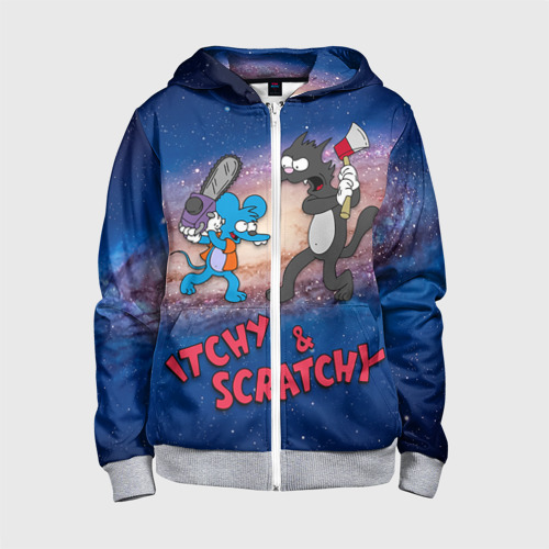 Детская толстовка 3D на молнии Itchy & Scratchy space, цвет меланж