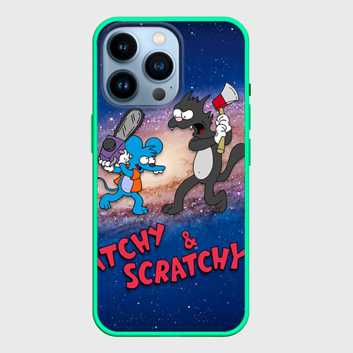 Чехол для iPhone 14 Pro с принтом Itchy & Scratchy space, вид спереди #2