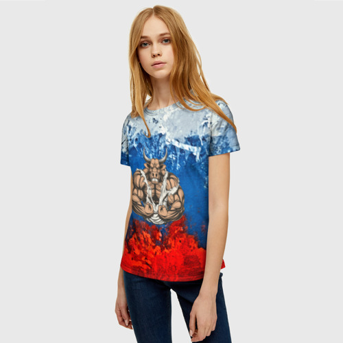 Женская футболка 3D с принтом Бык триколор, фото на моделе #1