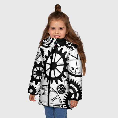 Зимняя куртка для девочек 3D с принтом Часы и шестеренки, фото на моделе #1