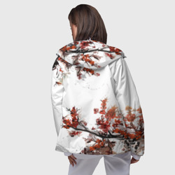 Ветровка с принтом Сакура для женщины, вид на модели сзади №3. Цвет основы: белый