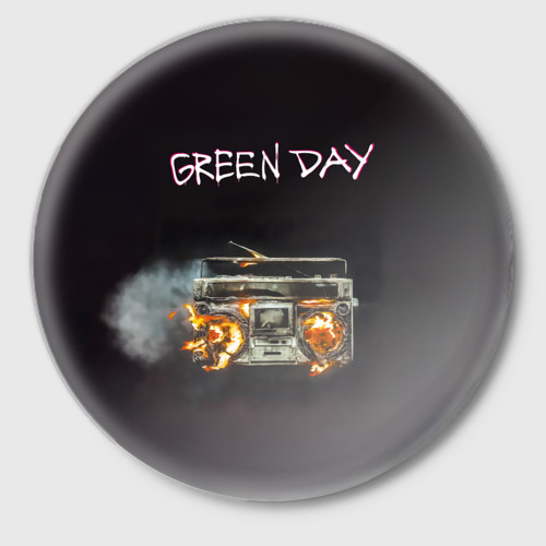 Значок Green Day магнитофон в огне, цвет белый