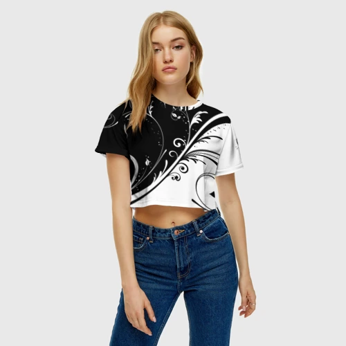 Женская футболка Crop-top 3D Цветочный узор Black & White