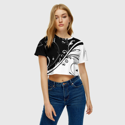 Женская футболка Crop-top 3D Цветочный узор Black & White, цвет 3D печать - фото 3