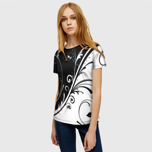 Женская футболка 3D Цветочный узор Black & White, цвет 3D печать - фото 3