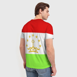 Футболка с принтом Флаг Таджикистана для женщины, вид на модели сзади №2. Цвет основы: белый